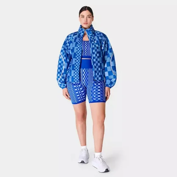 Sweaty Betty Blue Checkered Graphic Pack Away Jacket Women's Size Medium NWT - Picture 2 of 15